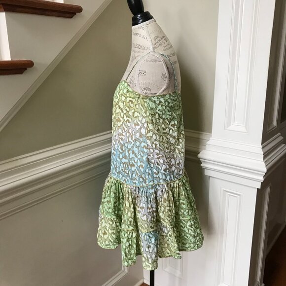 Juliet Dunn Mini Dress Womens 1 Small Green Blue Sleeveless Cotton Tiered Gold - Picture 8 of 11